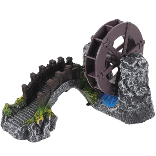 Yardwe Windmill Water Wheel Oxygen Pump 7.08X5.90X4.72In Mini Aquarium Decoration Resin Fish Tank Bridge Ornament for Indoor Outdoor Garden Pond