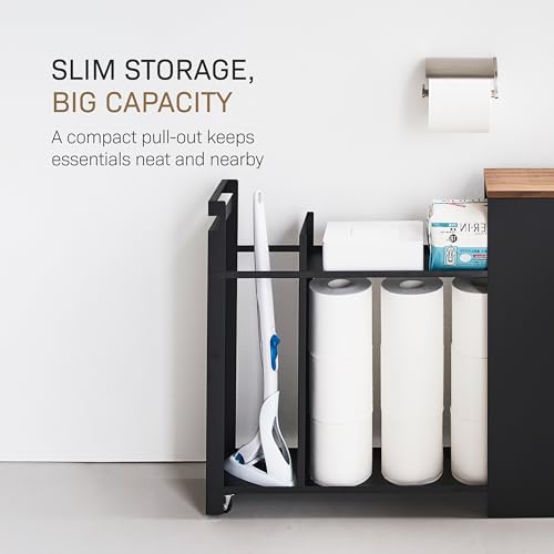 YAMAZAKI Home Pull-Out Bathroom Storage Cabinet – Slim Bathroom Storage Cabinet with Wood Top, Steel Organizer for Toilet Paper and Cleaning Supplies, Modern Space-Saving Design, Black - Steel + Wood - color: Black