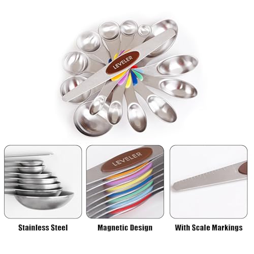 8-Piece Measuring Magnetic Spoons Set with Leveler - Stainless Steel for Measuring Dry and Liquid Ingredients, Double Ended, Stackable & Nested Fits in Kitchen Spice Jars for Baking & Cooking