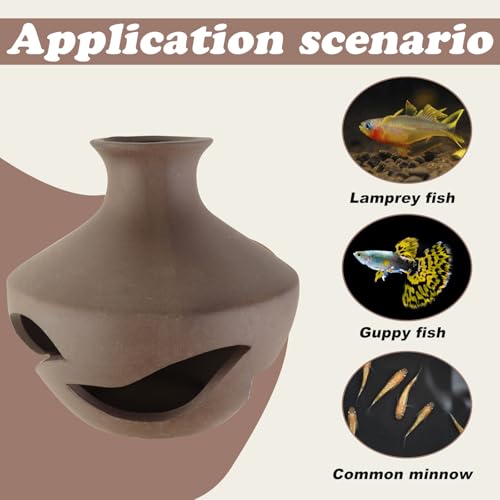 WishLotus Aquarium Cave Decoration, Durable Ceramic Fish Tank Decoration Mushroom House Aquarium Hidden Cave for Fish and Shrimp Rest Play and Natural Breeding (Brown Vase) - color: Brown Vase