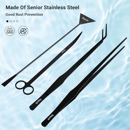 Segarty Longer Aquarium Aquascaping Tools, 4 in 1 Stainless Steel Black Aquarium Tools Kit for Aquatic Plant Fish Tank, Long Scraper Spatula Feeding Tweezers Curved Scissors Anti Rust Aquascape Set