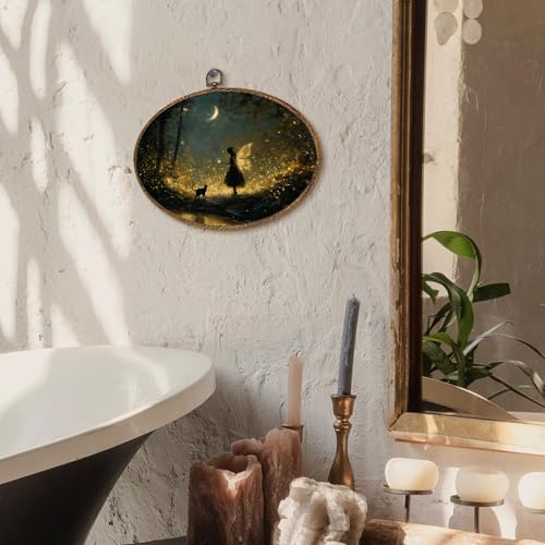 kdqua Enchanted Forest Fairy Oval Wall Art Decor, Dark Academia Cottagecore Canvas Artwork Framed, Moody Magical Fairy with Cat Wall Hanging Decorations for Home Bedroom Living Room, 11.4x8.6 Inch - color: Fairy2-oval, size: 11.4"L x 8.6"W