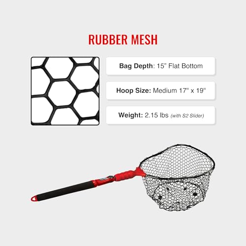 EGO S2 Slider Fishing Net Handle | Adjustable Extension Handle, Minimal Water Drag Design, Ergonomic Foam Grip for Landing Nets - size: 18" to 36" Handle, 17" x 19" Hoop, style: Lightweight Non-tangle Rubber Mesh