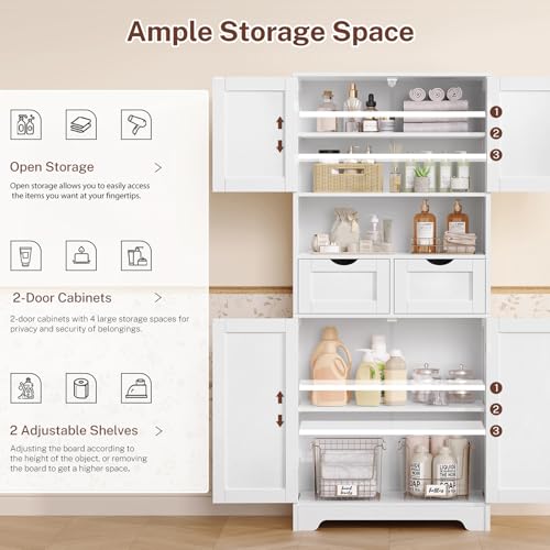 TEENFON 57.8" H Tall Bathroom Storage Cabinet with 4 Doors & 2 Adjustable Shelves, Freestanding Bathroom Cabinet with 2 Drawers, Kitchen Cabinets & Pantry, Cupboard for Kitchen, Dining Room, White - color: White 2 Drawers