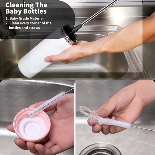 4 Pack Water Bottle Brushes with Straw Cleaner, Stainless Steel Handle Baby Bottle Brush Cleaner, Kitchen Scrub Cleaning Brushes for Cup, Wine Glasses, Coffee Mugs, Tumblers, Wine Decanters, Black - style: 2 Bottle Brushes With 2 Straw Brush
