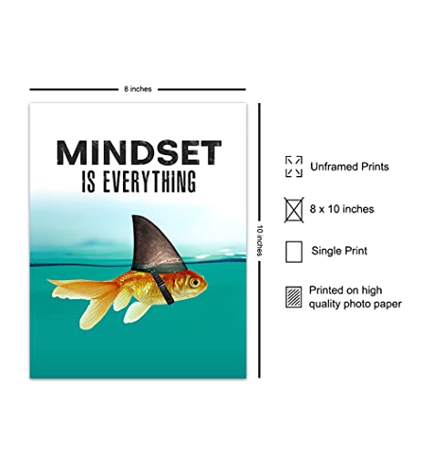 Mindset is Everything - Motivational Wall Art Poster for Home, Office - Gift for Entrepreneur, Student, Men, Teens - Inspirational Decor - Uplifting Self-Improvement Positive Quote - Shark Goldfish - size: 8"L x 10"W, style: Unframed