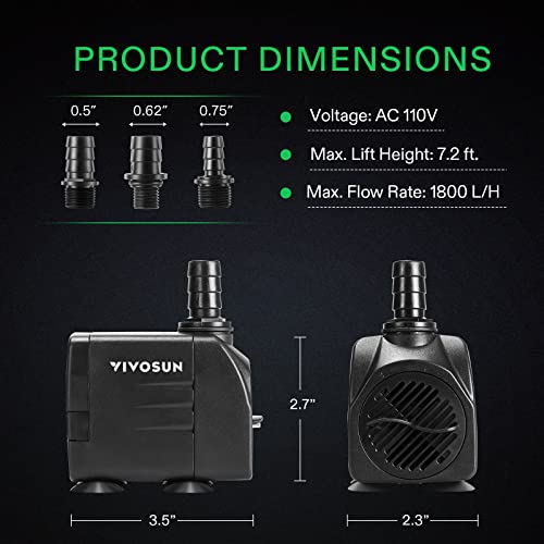 VIVOSUN 480GPH Submersible Pump(1800L/H, 25W), Ultra Quiet Water Pump with 7.2ft High Lift, Fountain Pump with 5ft Power Cord, 3 Nozzles for Fish Tank, Aquarium, Statuary, Hydroponics Black - size: 480GPH