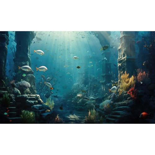 Under The Sea Aquarium Background Underwater Cave Ruins Fish Tank Background Aquatic Seagrass Coral Reefs Sunken Rocky Column Terrarium Backgrounds Underwater City Reptile Tank Backgrounds 24x12in - color: Foggy Blue_Grey, size: 24(W)x12(H)in