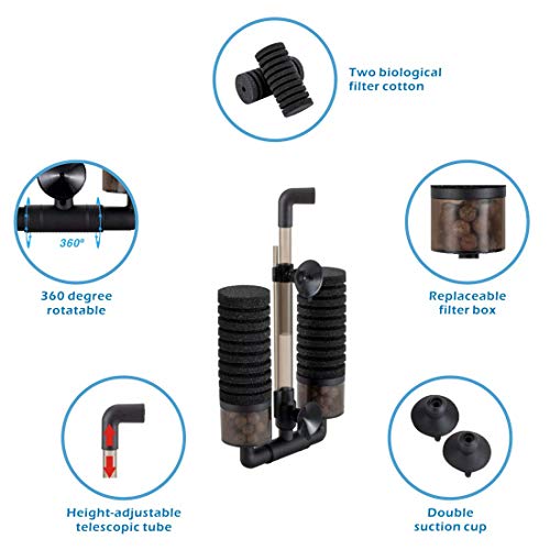 hygger Sponge Filter, Aquarium Filter Double Sponge Replaceable Media with 4 Biochemical Sponges and 1 Bag of Filtered Ceramic Balls Ultra Quiet Filter Fish Tank (S/M) - size: S for 10 to 40-gallon tank
