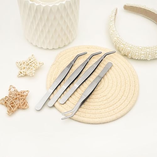 Stainless Steel Curved Tip Tweezers with Serrated Grip, Multipurpose Precision Forceps for Sewing, Crafting and Repair Tasks(4 piece)