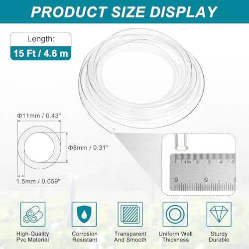 uxcell 5/16 Inch Clear PVC Tubing, 8mm ID x 11mm OD - 15ft PVC Tube Lightweight Vinyl Hose, Transparent Flexible Plastic Water Tubing for Air Oil Water Transfer Aquarium Irrigation - size: 8mm ID x 11mm OD