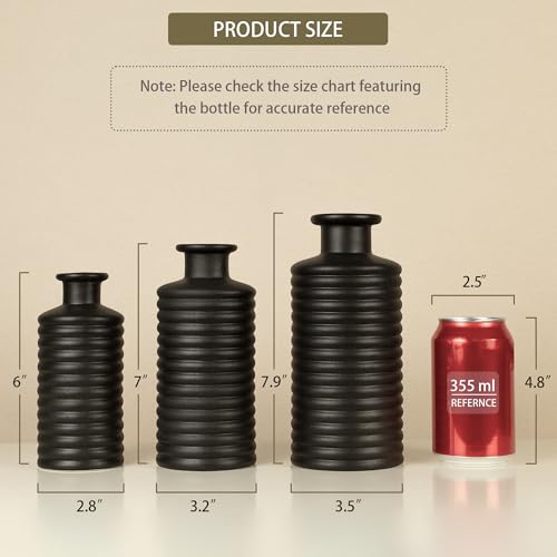 Black Ceramic Vases for Home Decor, Modern Farmhouse Frosted Semi Matte Textured Decorative Vase Set, Unique Vase for Entryway, Coffee Table, Shelf, Small Pampas Grass and Flowers - color: Black