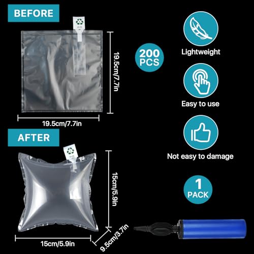 200 Pcs Packing Air Bags, Air Pillows for Shipping, Clear Plastic Air Cushion Bags, Inflatable Protector Bags with Free Pump for Moving, Shipping and Packaging, 7.9 × 7.9 In