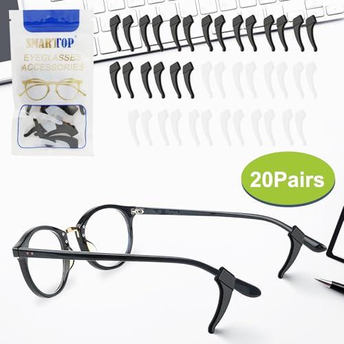 SMARTTOP 20 Pairs Anti-Slip Eyeglass Ear Grips Hook, Comfortable Silicone Elastic Eyeglasses Temple Tips Sleeve Holder-For Eyeglasses Sunglasses Spectacles Glasses Reading (10 Black&10 Clear) - color: Black & Clear