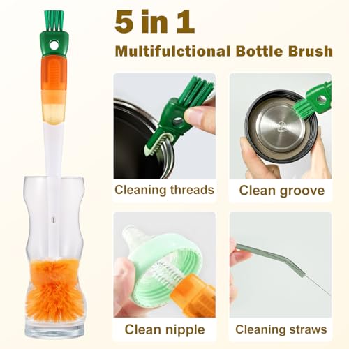 5 Pack Bottle Brush Set, 5 in 1 Long Handle Water Bottle Cleaning Brush, 3 Straw Brushes for Stanley Yeti Owala, Travel Nipple Detail Cup Cleaner Washer Brush for Wine Lid Gap - color: Orange