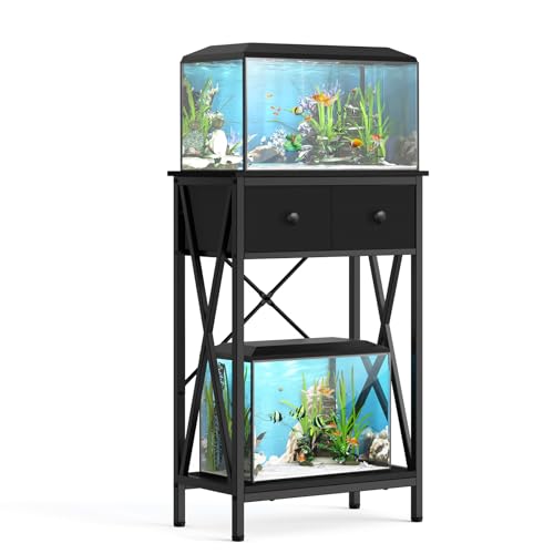 Fish Tank Stand for 5-10 Gallon Fish Tank: Aquarium Stand with Accessories - Metal 10 Gallon Tank Stand with Cabinet Drawer Storage for Turtle Tank, Reptile Terrarium (Black, 220LBS Capacity)