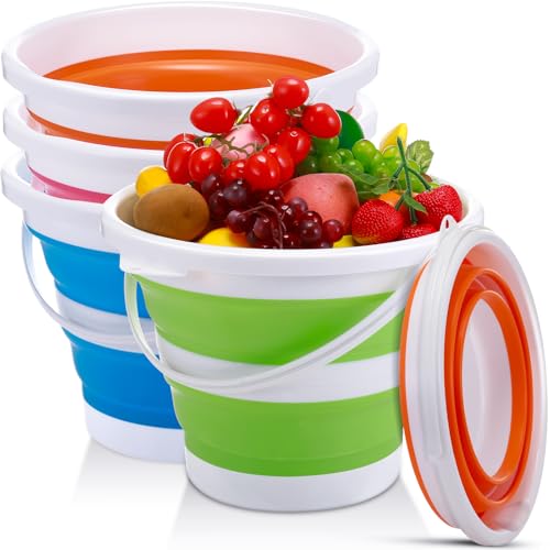 Pickmesh 4 Pcs Collapsible Bucket 2.6 Gallon (10l) Foldable Collapsible Sand Bucket with Handle Small Cleaning Pail for Household Outdoor Car Washing Camping Beach Sand(Blue, Green, Orange, Pink) - color: Blue, Green, Orange, Pink, size: 2.6 Gallon