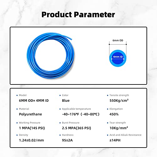 Pneumatic Tubing Blue PU Air hose Pipe Tube Kit 6mm OD 4mm ID 39.4ft/12 Meter for Air Line or Fluid Transfer - color: Blue, size: 6mm OD / 4mm ID × 12m