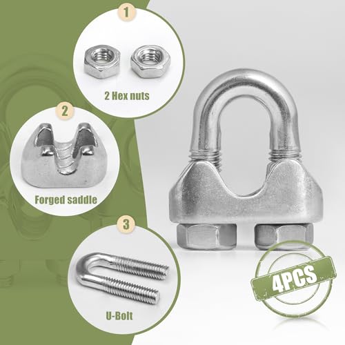 4pcs M5 Wire Rope Clamp, 3/16 inch Cable Clamps Stainless Steel Wire Rope Clips - size: M5