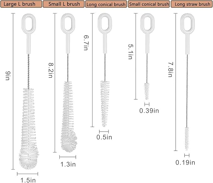 5-Pack Straw & Bottle Cleaning Brushes, Long Handle Nylon Brush Set for Water Bottles, Tumblers, Sippy Cups & Drinking Tubes