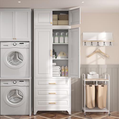 SteeLoong 90" Kitchen Pantry Cabinet with 3 Drawer,Metal Storage Cabinets with Doors and 4 Adjustable Shelves,White Kitchen Cabinet with 2 Gold Handles,Food Cupboard for Livingroom,Pantry, Bathroom - color: White, size: 90"H 3 Drawers