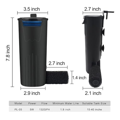 Aquarium Internal Filter 3 to 20 Gallons, for Turtle Tanks, Reptiles, Amphibians, Frog, Cichlids, Newt or Fish Tank