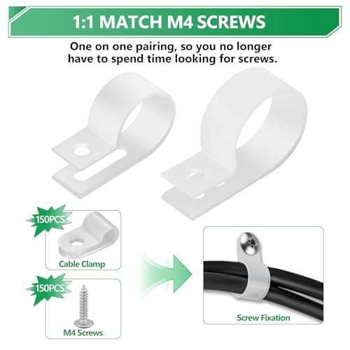 Cable Clips for Cable Management Cord Organizer, 6 Sizes 290 PCS Nylon R-Type, 3/16'' 1/4'' 3/8'' 1/2'' 3/4'' 1'' White Plastic Screw Mounting Cord Fastener Clamp Assortment Kit with M4 Screws - color: 290PCS White