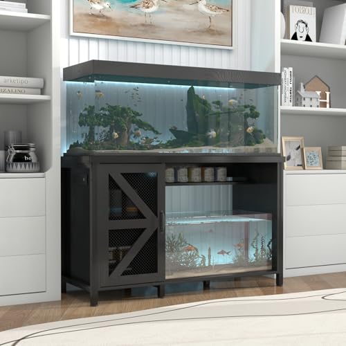 OC Orange-Casual 55-75 Gallon Aquarium Stand with LED Lighting & Power Outlets - Heavy Duty Metal Fish Tank Cabinet with Adjustable Shelves, 1000LB Capacity, Black