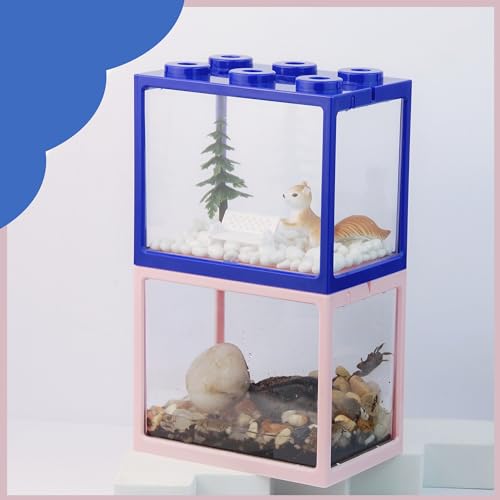Small Sea Monkey Tank, Stackable Mini Betta Fish Tank Tinny Aquarium Kit with Aquarium Gravel, Moss Ball Tank Shrimp Tank 0.27 Gallon Acrylic Cube Fish Bowl for Shrimp Snails - color: Pink