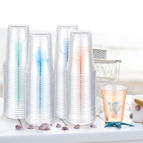 Qinyoung 100 Pcs Ocean Party Disposable Cups 12 oz Clear Plastic Cups with Sea Pattern Ocean Party Supplies for Sea Birthday Decoration Supplies(Seaside) - style: Seaside