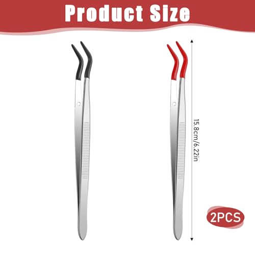Rubber Tipped Curved Tweezers, 2 Pcs Stainless Steel Craft Tweezers PVC Coated Jewelry Tweezer Set for Crafts Stamps Coin Beads Jewelry Industrial Electronic Lab (Red, Black)
