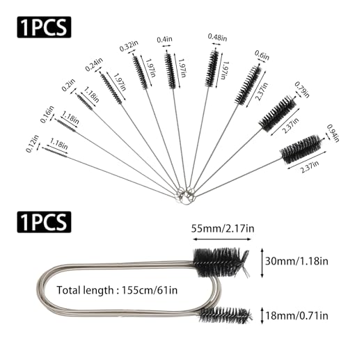 11 PCS Flexible Drain Brush, Straw Cleaner Brush Set, 61 Inch Double Ended Nylon Hose Pipe Cleaner and 10pcs Different Sizes Brushes for Aquarium Filter, Kitchen(Black)