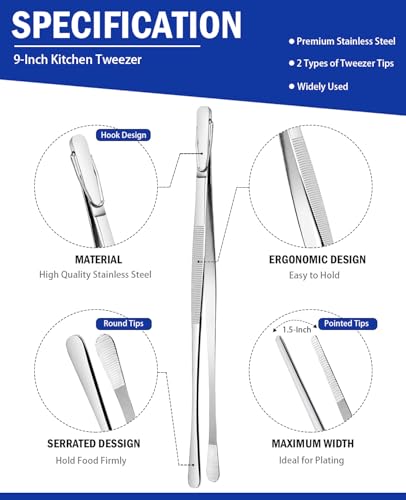 JETKONG 2 Pcs 9-Inch Kitchen Tweezers Cooking Tweezers Stainless Steel Tweezers Tongs (Silver) - color: Silver, size: 9+9 Inch