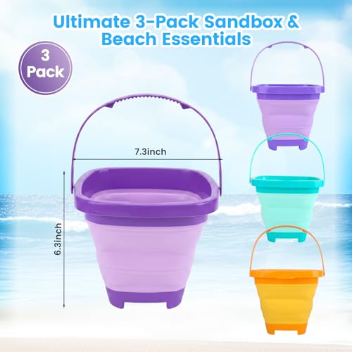 Shindel 3Set Collapsible Beach Buckets, Foldable Sand Toys, for Kids Toddlers Outdoor Activities, Beach Fun Summer Vacation, Camping Gear, Travelling - color: Mix 2