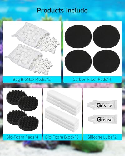 18 Pcs Replacement Filter Media Kit Fit for Fluval FX4/FX5/FX6 Aquarium Filters Including 2 Bag BioMax Media, 4 Carbon Foam Pad, 4 Bio-Foam Pads, 6 Bio-Foam Block, 2 Silicone Lube - size: 18 Pcs