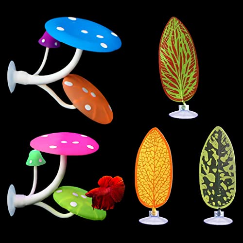 5 pcs Betta Mushroom Hammock + Leaf Pads Fish Tank Silicone Soft Aquarium Fish Playing Pads with Suction Cup Aquarium Ornament Fish Tank Decorations Accessories (Mushrooms+Leaves)