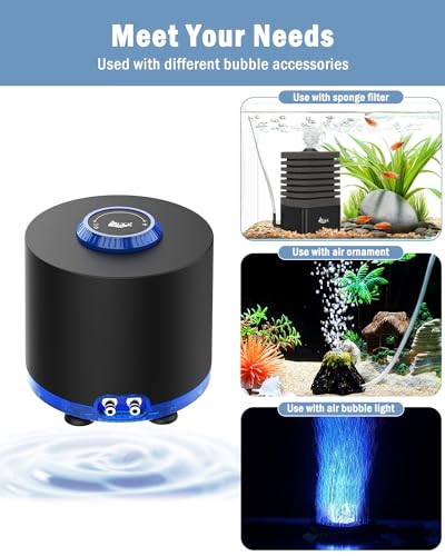 AQQA Aquarium Air Pump, Quiet Powerful Fish Tank Air Pump 3W/6W/10W with Stainless Steel Dual Outlet, Adjustable Oxygen Aerator Pump with Air Stone Bubbler for Fish Tank Up to 200 Gallon 3W (Tubby) - style: 3W(Tank Up to 80 Gallon Aquariums)