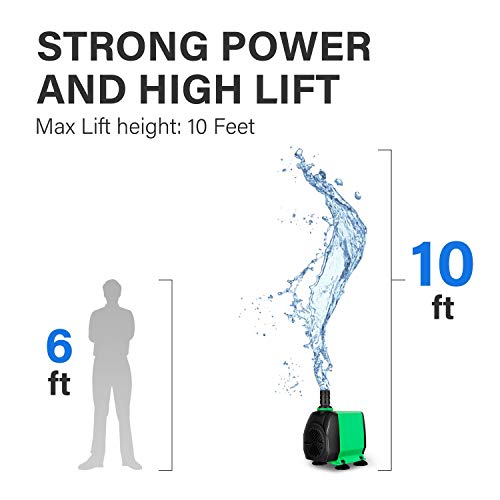 Simple Deluxe 10ft High Lift 800GPH 24W Submersible Pump (3000L/H) with 3 Size Nozzles for Fish Tank, Pond, Aquarium, Statuary, Hydroponics, Fountain, Green - size: 800GPH-Standard