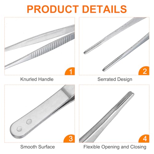 uxcell Stainless Steel Tweezers, 5-Inch Straight Blunt, Multipurpose, Silver, 4 Pcs