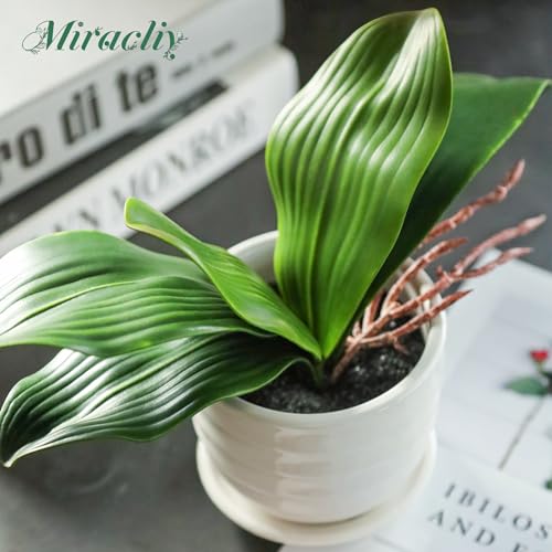 Miracliy Fake Orchids 6 Pack Artificial Orchid Leaves Faux Greenery Stems for Vase Shelf Desk Bathroom Decor and DIY Floral Arrangements for Small Spaces - size: 6pcs