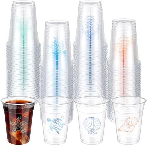 Qinyoung 100 Pcs Ocean Party Disposable Cups 12 oz Clear Plastic Cups with Sea Pattern Ocean Party Supplies for Sea Birthday Decoration Supplies(Seaside) - style: Seaside
