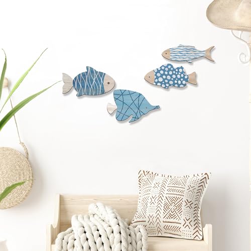 Aikgidtt 4 Pieces Wooden Fish Wall Decor Set, 12 Inch Coastal Wall Art for Bathroom, Beach House, Family Rooms - with Hooks & Adhesive Pads (Blue)