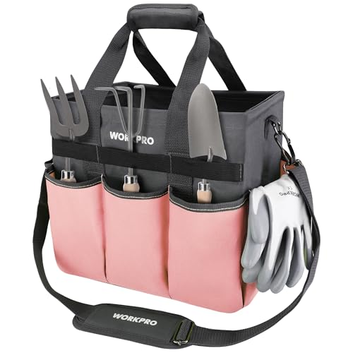 WORKPRO Garden Tool Bag, Heavy Duty Gardening Tote Bag Organizer with 10 Pockets and Long Adjustable Shoulder Strap, Standable Garden Home Tool Kits Organizer, Pink - color: Pink
