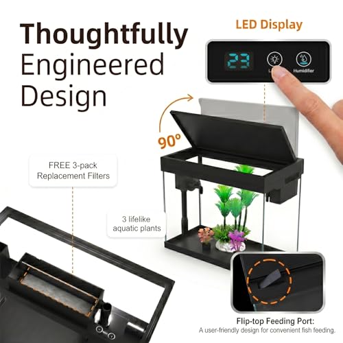 BARKBUDDY 2.4 Gallon Desktop Betta Fish Tank, All-in-One Starter Kit with Ultra-Quiet 3-in-1 Pump, 8-Mode LED, Temperature Display & Aroma Mist, for Office, Bedroom & Kid's Room