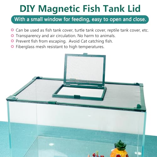 Magnetic Fish Tank Cover with Feeding Window Green Frame Grey Fiberglass Mesh, DIY Fish Tank Lid Adjustable Size Fit Tank Size Max 35''X19'' for Preventing Fish from Jumping Out and Reptile Escaping