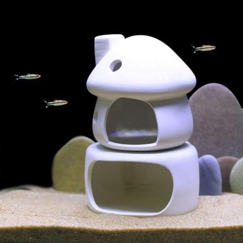 Aquarium Decorations Ceramic Mushroom House with Cave Set for Fish Tank Landscape to Small Shrimp/Goldfishes Hiding Rest and Breed (White)