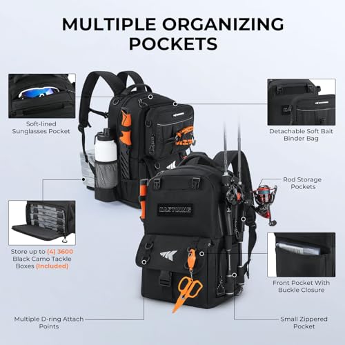 KastKing BaitSpace Fishing Tackle Backpack with Removable Bait Binder,2 Rod Holders Storage Fishing Gear and Equipment - color: E: Black（Without tackle box）
