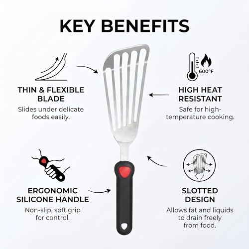 KSENDALO Thin Flexible & Sturdy Fish Spatula Stainless Steel for Kitchen Cooking Use Fish Spatula Egg Flipper Bbq Flipper Stainless Steel Blade Silicone Handle Heat Resistant Dishwasher Safe-Silver