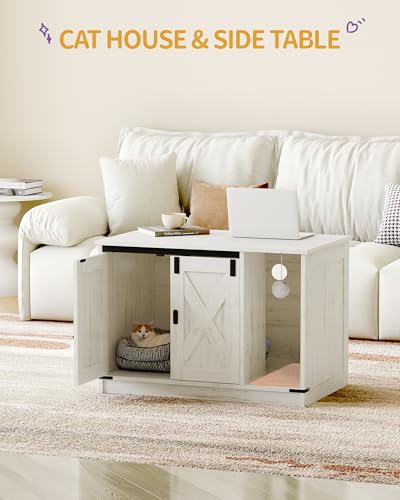 Hzuaneri Cat Litter Box Enclosure, Hidden Litter Box Cabinet Furniture with Bell, Indoor Cats House, Farmhouse Style, 31.5 x 19.7 x 20.9Inches, for Hallway, Bedroom, White CB82414B - color: White, size: 31.5"L x 19.7"W x 20.9"H