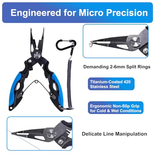 Titanium Coated Micro Fishing Pliers Precision Split Ring Pliers for Ultralight Fishing with Storage Pouch & Lanyard Blue - color: Blue